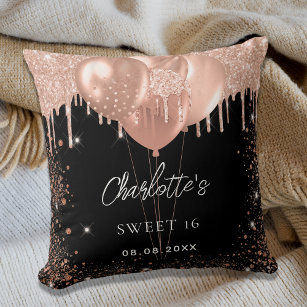 Sweet 16 black rose gold balloons party throw pillow
