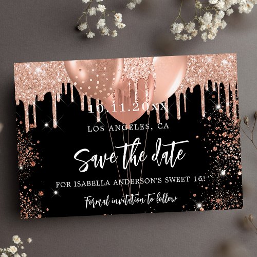  Sweet 16 black rose gold balloons Save The Date Announcement Postcard
