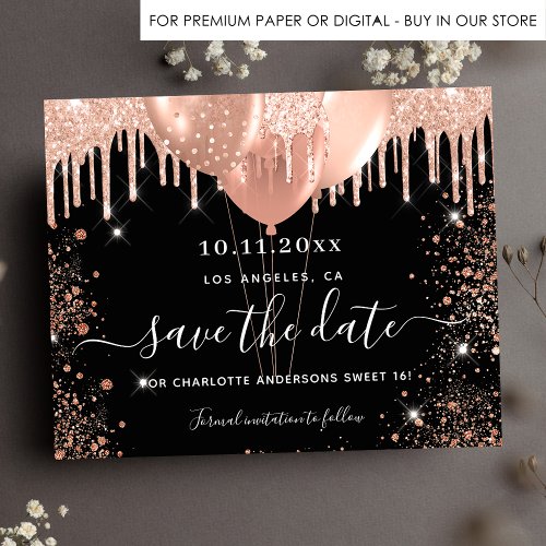 Sweet 16 black rose gold budget save the date flyer