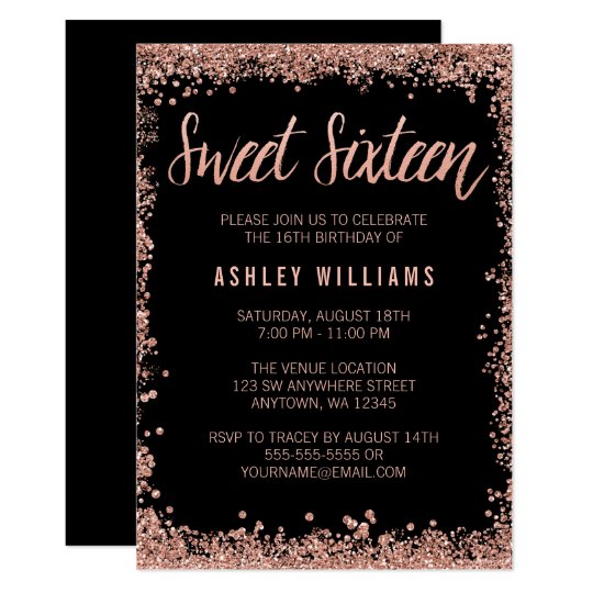 Sweet 16 Black Rose Gold Faux Glitter Birthday Invitation | Zazzle.com