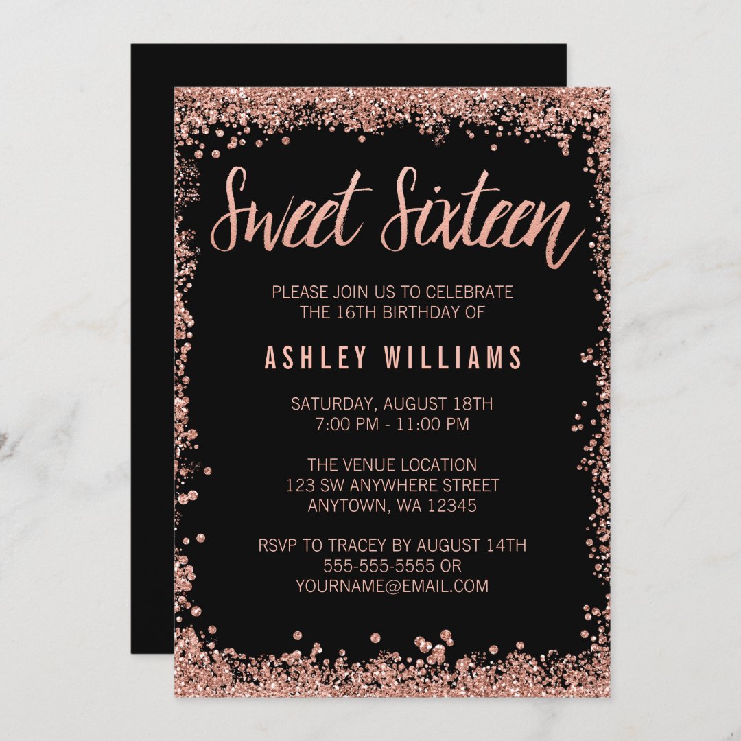 Sweet 16 Black Rose Gold Faux Glitter Birthday Invitation | Zazzle