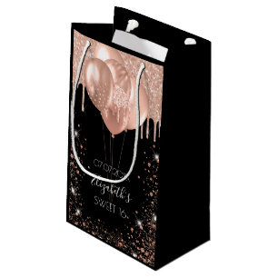 Sweet 16 black rose gold glitter balloons small gift bag