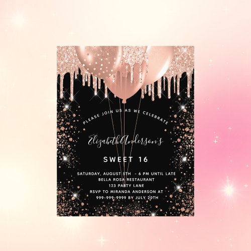 Sweet 16 black rose gold glitter budget invitation flyer