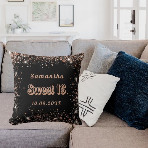 Sweet 16 black rose gold glitter throw pillow