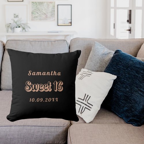 Sweet 16 black rose gold name throw pillow