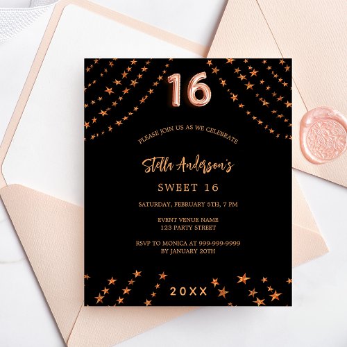 Sweet 16 black rose gold stars budget invitation flyer