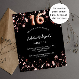 Sweet 16 black rose gold stars invitation
