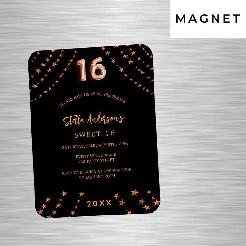 Sweet 16 black rose gold stars luxury invitation magnet