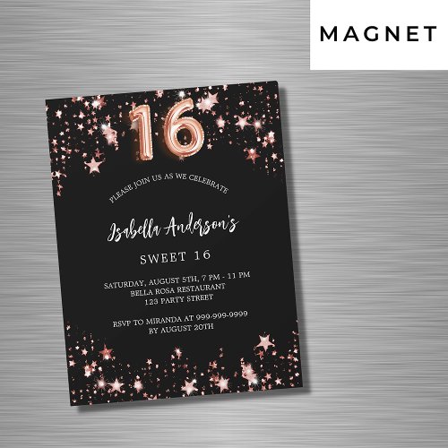 Sweet 16 black rose gold stars luxury magnetic invitation