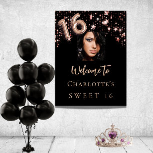 Sweet 16 black rose gold stars photo welcome   poster