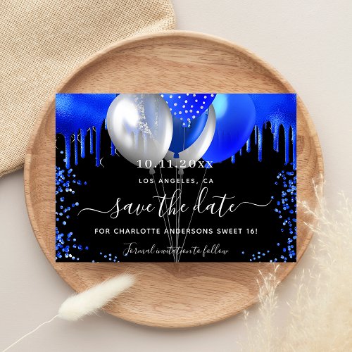 Sweet 16 black royal blue balloons save the date