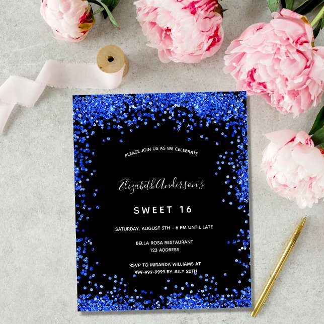 Sweet 16 black royal blue budget invitation flyer