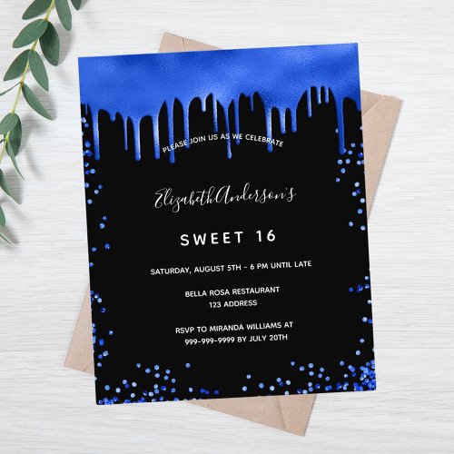 Sweet 16 black royal blue budget invitation flyer