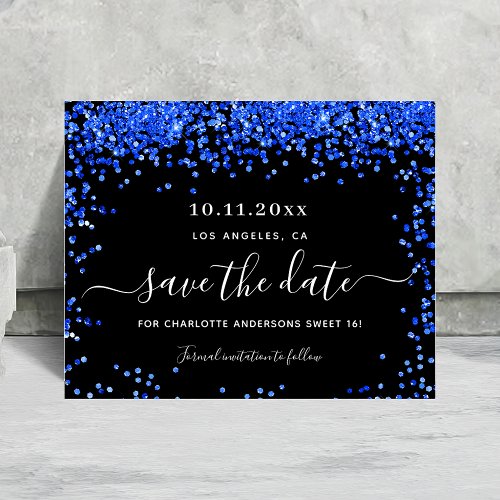 Sweet 16 black royal blue budget save the date flyer