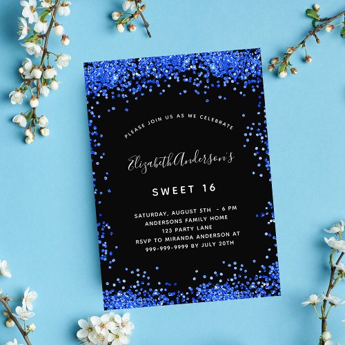 Sweet 16 black royal blue invitation magnet