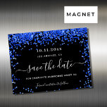 Sweet 16 black royal blue save the date magnet<br><div class="desc">A black background decorated with royal blue confetti.  Personalize and add a date and name/age.  The text: Save the Date is written with a large trendy hand lettered style script.</div>