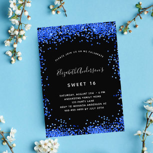 Sweet 16 black royal blue sparkles luxury invitation