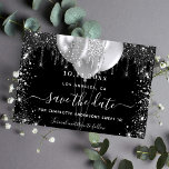 Sweet 16 black silver balloons save the date<br><div class="desc">A girly and trendy Save the Date for a Sweet 16,  16th birthday party. A black background decorated with faux silver glitter drips,  sparkles,  and balloons. Personalize and add a date and name/age.  The text: Save the Date is written with a large trendy hand lettered style script.</div>