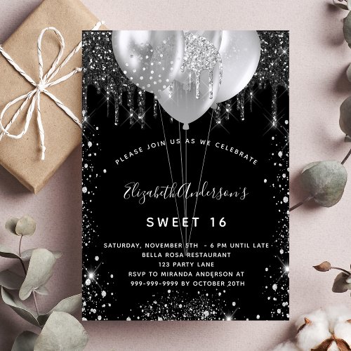 Sweet 16 black silver glitter balloons invitation