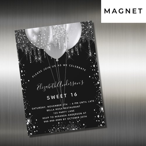 Sweet 16 black silver glitter balloons luxury magnetic invitation