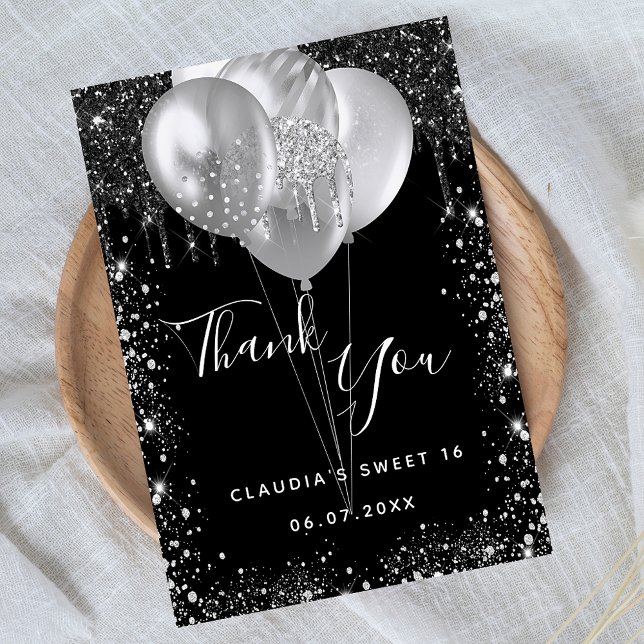 Sweet 16 black silver glitter balloons thank you card (Creator Uploaded)