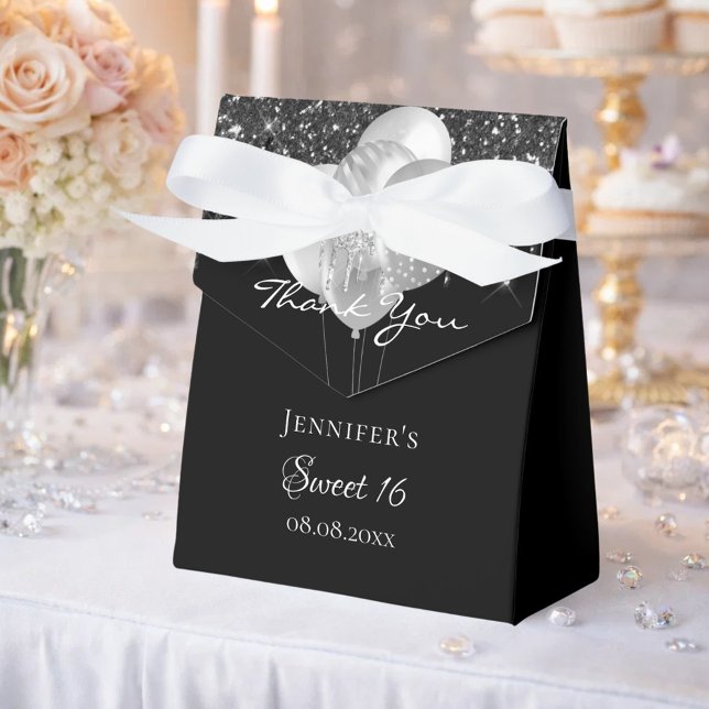 Sweet 16 black silver glitter balloons thank you favor boxes (Creator Uploaded)