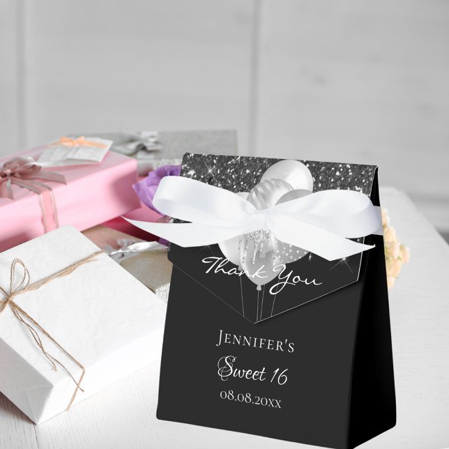 Sweet 16 black silver glitter balloons thank you favor boxes (Creator Uploaded)