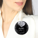 Sweet 16 black silver glitter name balloons button<br><div class="desc">A chic black background. Decorated with faux silver glitter drips,  paint dripping look, glitter and balloons.  Personalize and add a name,  age and the date.</div>