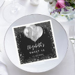 Sweet 16 black silver glitter name balloons napkins<br><div class="desc">A chic black background. Decorated with faux silver glitter drips,  paint dripping look, glitter and balloons.  Personalize and add a name,  age and the date.</div>