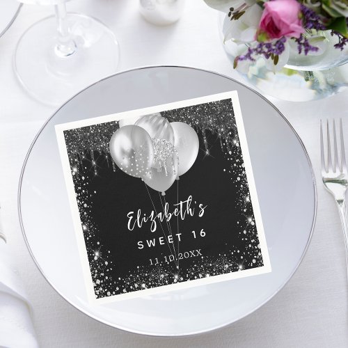 Sweet 16 black silver glitter name balloons napkins