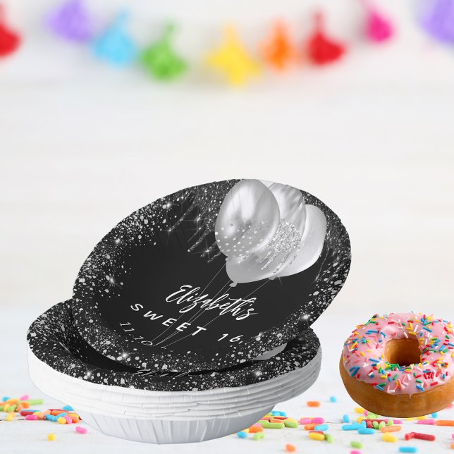 Sweet 16 black silver glitter name balloons paper bowls (Creator Uploaded)