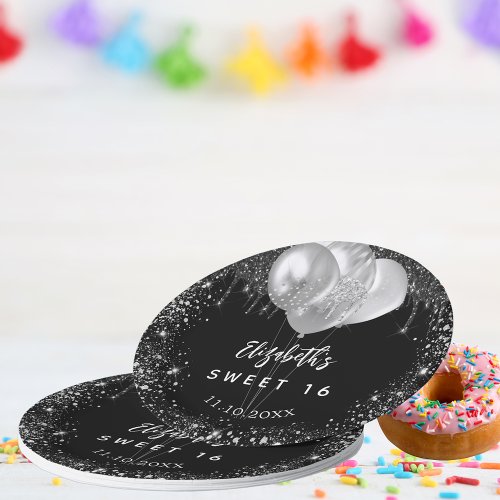Sweet 16 black silver glitter name balloons paper plates