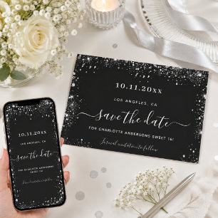 Sweet 16 black silver glitter save the date