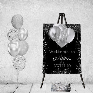 Sweet 16 black silver glitter welcome balloons foam board