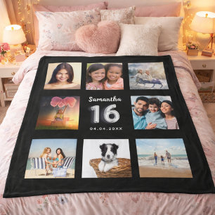 Sweet 16 black silver photo collage name fleece blanket