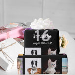 Sweet 16 black silver photo collage wrapping paper<br><div class="desc">For a 16th birthday party for a woman,  celebrating her life with a collage of 10 of your own photos.  Photo of family,  friends,  pets,  vacations. Templates for a name and the age 16 and a date.  White and gray colored letters.  Elegant black background.</div>