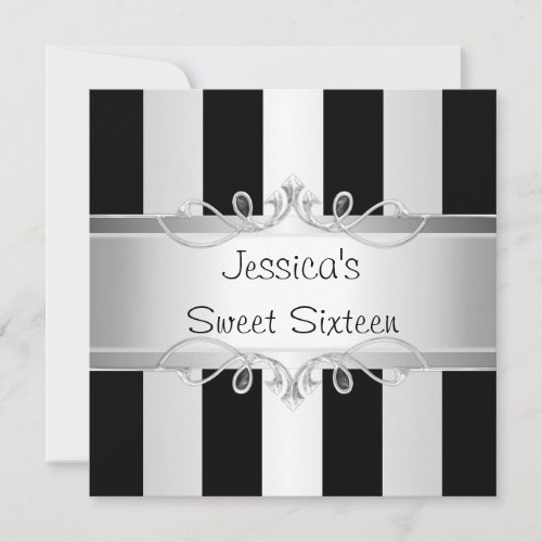 Sweet 16 Black &amp; Silver Stripe Jewel Party Personalized Invite