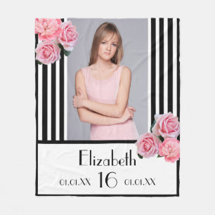 Sweet 16 black stripes pink floral photo fleece blanket