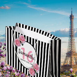Sweet 16 black stripes pink florals name large gift bag