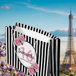 Sweet 16 black stripes pink florals name Paris Large Gift Bag