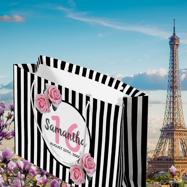 Sweet 16 black stripes pink florals name Paris Large Gift Bag (Creator Uploaded)