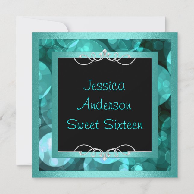 Sweet 16 Black Teal Bubbles Metal  Frame Party Invitation (Front)