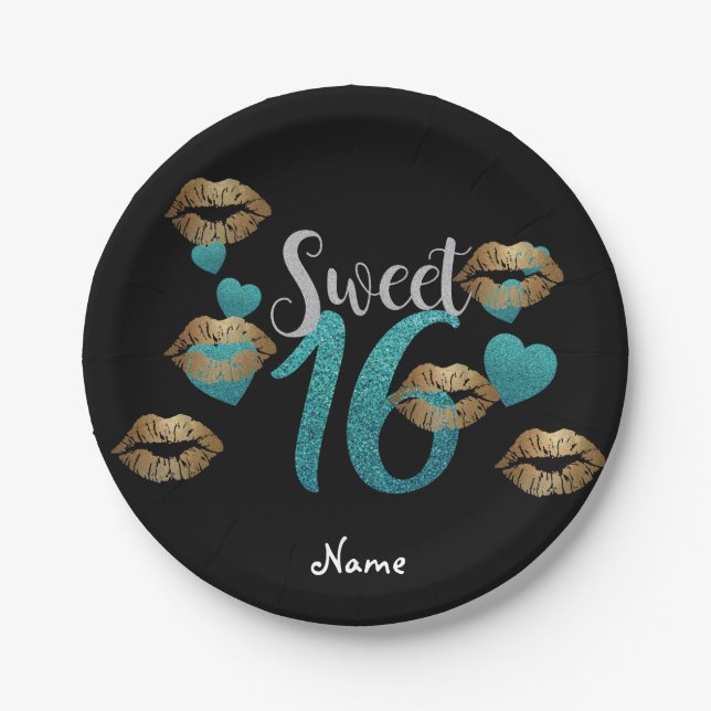 Sweet 16 Black Turquoise Gold Glitter Custom Paper Plates (Front)