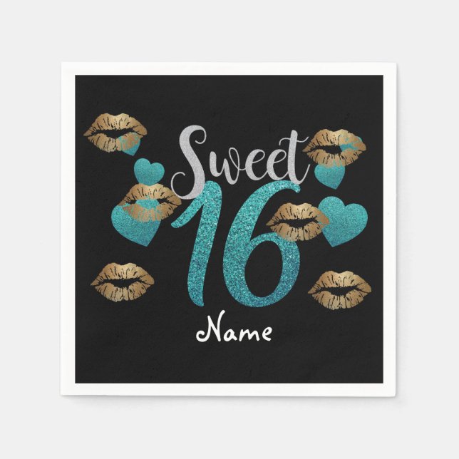 Sweet 16 Black Turquoise Gold Glitter Napkins (Front)