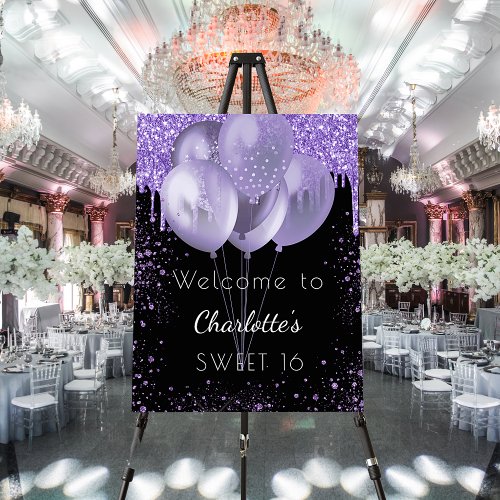 Sweet 16 black violet glitter welcome balloons foam board