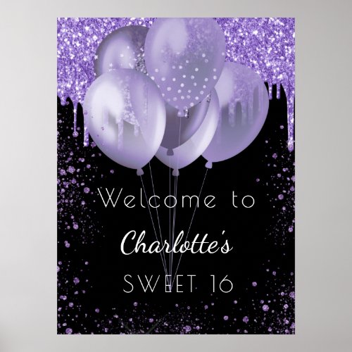 Sweet 16 black violet glitter welcome balloons poster