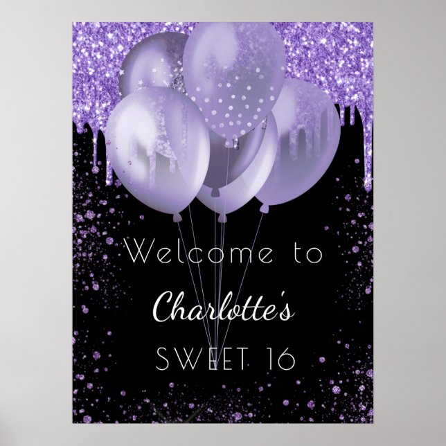 Sweet 16 black violet glitter welcome balloons poster (Front)