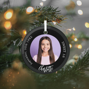 Sweet 16 Black white custom photo Glass Ornament