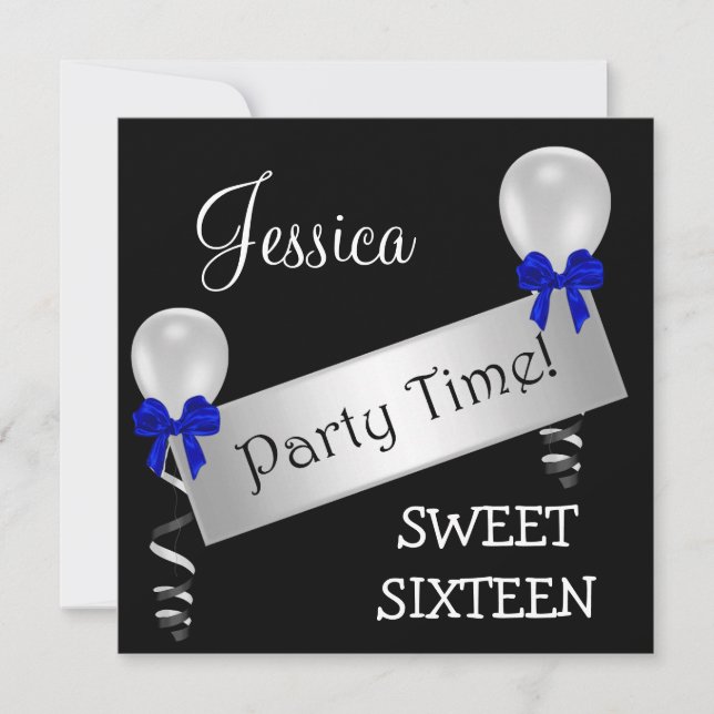 Sweet 16 Black White Silver Blue Bows Balloons Invitation (Front)