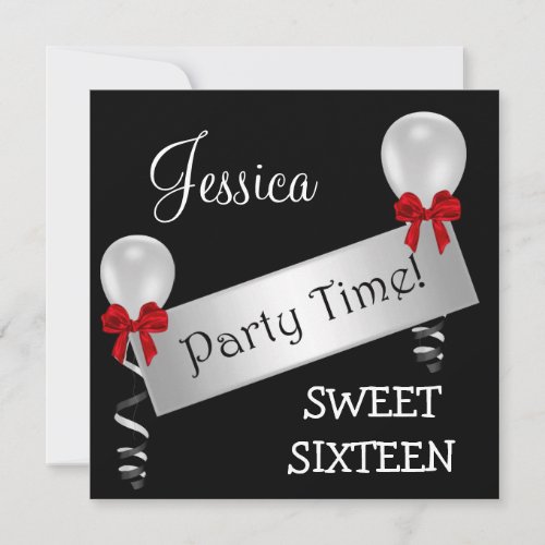 Sweet 16 Black White Silver Red Bows Balloons Invitation